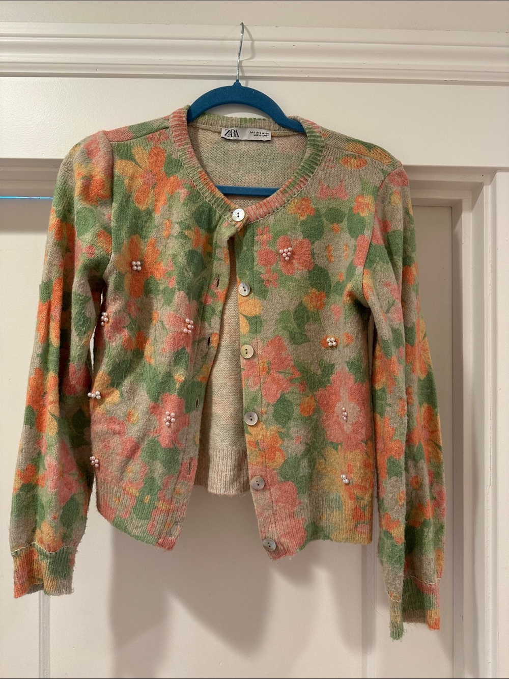 Zara Pastel Green Floral Pearl-Embellished Cardigan